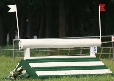 eventing-hindernissen groen witte hindernis met boomstam boven